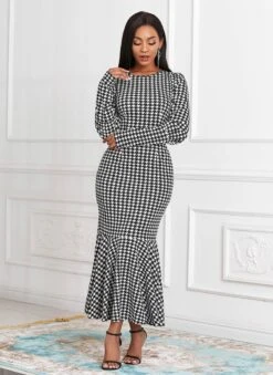 Houndstooth Print Long Sleeve Round Neck Mermaid Dress -Modlily Shop 252648 P 16034488012163