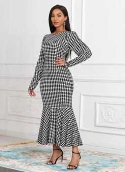 Houndstooth Print Long Sleeve Round Neck Mermaid Dress -Modlily Shop 252648 P 16034488012442