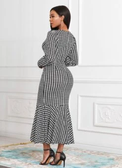 Houndstooth Print Long Sleeve Round Neck Mermaid Dress -Modlily Shop 252648 P 16034488016441