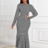 Houndstooth Print Long Sleeve Round Neck Mermaid Dress -Modlily Shop 252648 P 16034488019720
