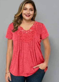 Crinkle Chest Short Sleeve Coral Red T Shirt -Modlily Shop 258112 P 1607935329826