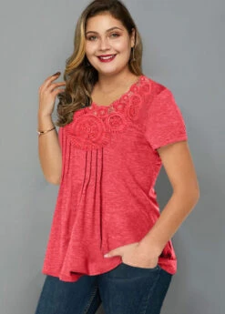 Crinkle Chest Short Sleeve Coral Red T Shirt -Modlily Shop 258112 P 1607935331528