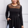 Mesh Asymmetric Hem Long Sleeve T Shirt -Modlily Shop 259157 P 16076822643710