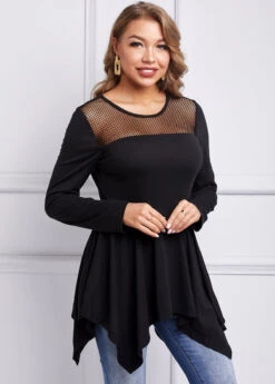 Mesh Asymmetric Hem Long Sleeve T Shirt -Modlily Shop 259157 P 16076822646452