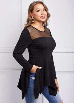 Mesh Asymmetric Hem Long Sleeve T Shirt -Modlily Shop 259157 P 16076822646624