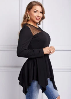 Mesh Asymmetric Hem Long Sleeve T Shirt -Modlily Shop 259157 P 16076822649583