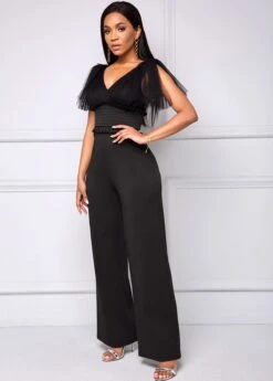 Mesh Stitching V Neck Black Jumpsuit -Modlily Shop 259410 P 16124261050162