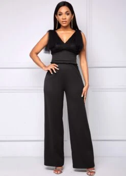 Mesh Stitching V Neck Black Jumpsuit -Modlily Shop 259410 P 16124261059453