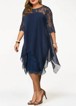 Navy Blue Three Quarter Sleeve Chiffon Overlay Lace Dress 16 Navy Blue Three Quarter Sleeve Chiffon Overlay Lace Dress -Modlily Shop 262067 P 1608550532791