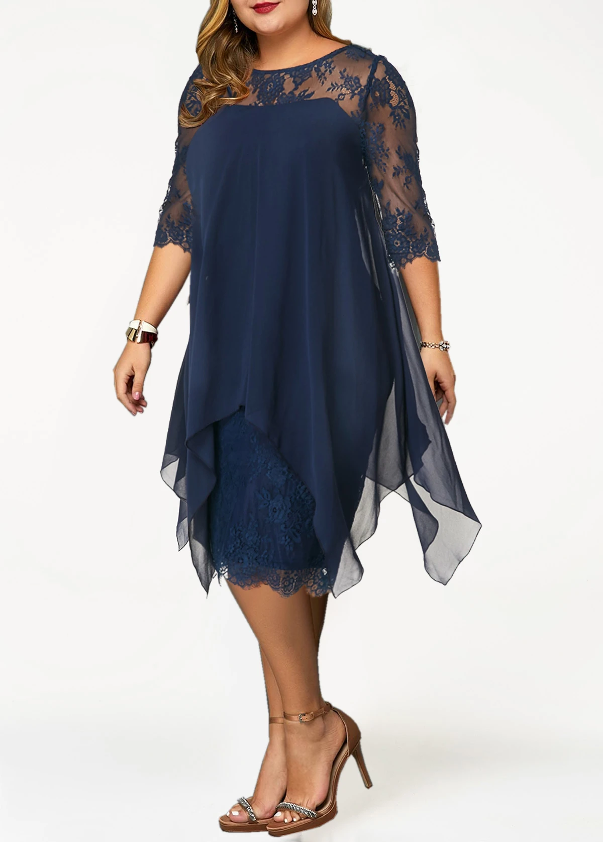 Navy Blue Three Quarter Sleeve Chiffon Overlay Lace Dress 9 Navy Blue Three Quarter Sleeve Chiffon Overlay Lace Dress - Image 7