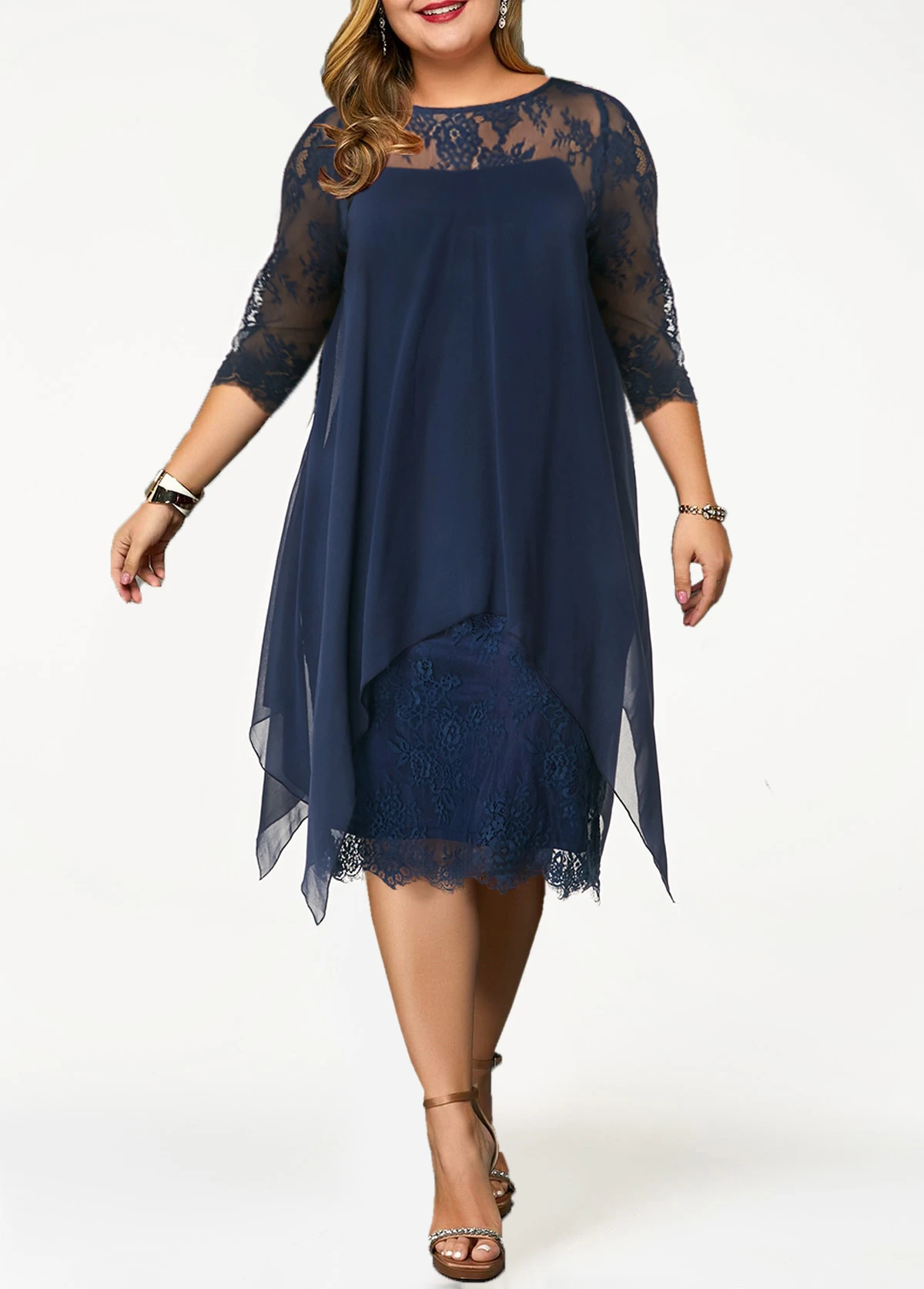 Navy Blue Three Quarter Sleeve Chiffon Overlay Lace Dress 8 Navy Blue Three Quarter Sleeve Chiffon Overlay Lace Dress - Image 6