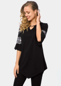 Keyhole Neckline Asymmetric Hem Sequin T Shirt -Modlily Shop 263694 P 16150209380092