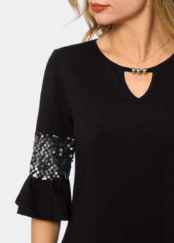 Keyhole Neckline Asymmetric Hem Sequin T Shirt -Modlily Shop 263694 P 16150209383395