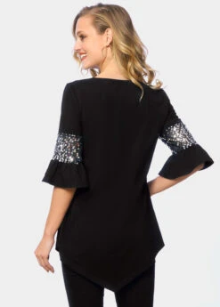 Keyhole Neckline Asymmetric Hem Sequin T Shirt -Modlily Shop 263694 P 16150209383571