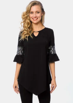 Keyhole Neckline Asymmetric Hem Sequin T Shirt -Modlily Shop 263694 P 16150209383844