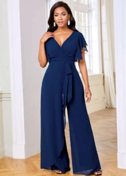 V Neck Ruffle Sleeve Chiffon Overlay Jumpsuit -Modlily Shop 264361 P 16146640103753