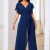 V Neck Ruffle Sleeve Chiffon Overlay Jumpsuit