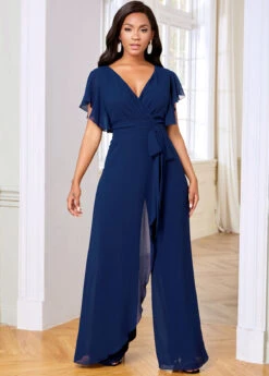 V Neck Ruffle Sleeve Chiffon Overlay Jumpsuit