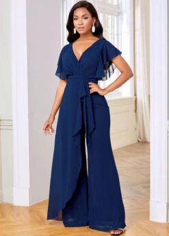 V Neck Ruffle Sleeve Chiffon Overlay Jumpsuit -Modlily Shop 264361 P 16146640106222
