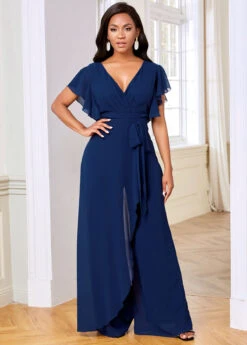 V Neck Ruffle Sleeve Chiffon Overlay Jumpsuit -Modlily Shop 264361 P 16146640107794