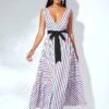 V Back Strip Print Belted Swing Dress