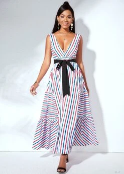 V Back Strip Print Belted Swing Dress