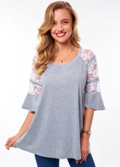 Lace Stitching V Neck Flare Sleeve T Shirt