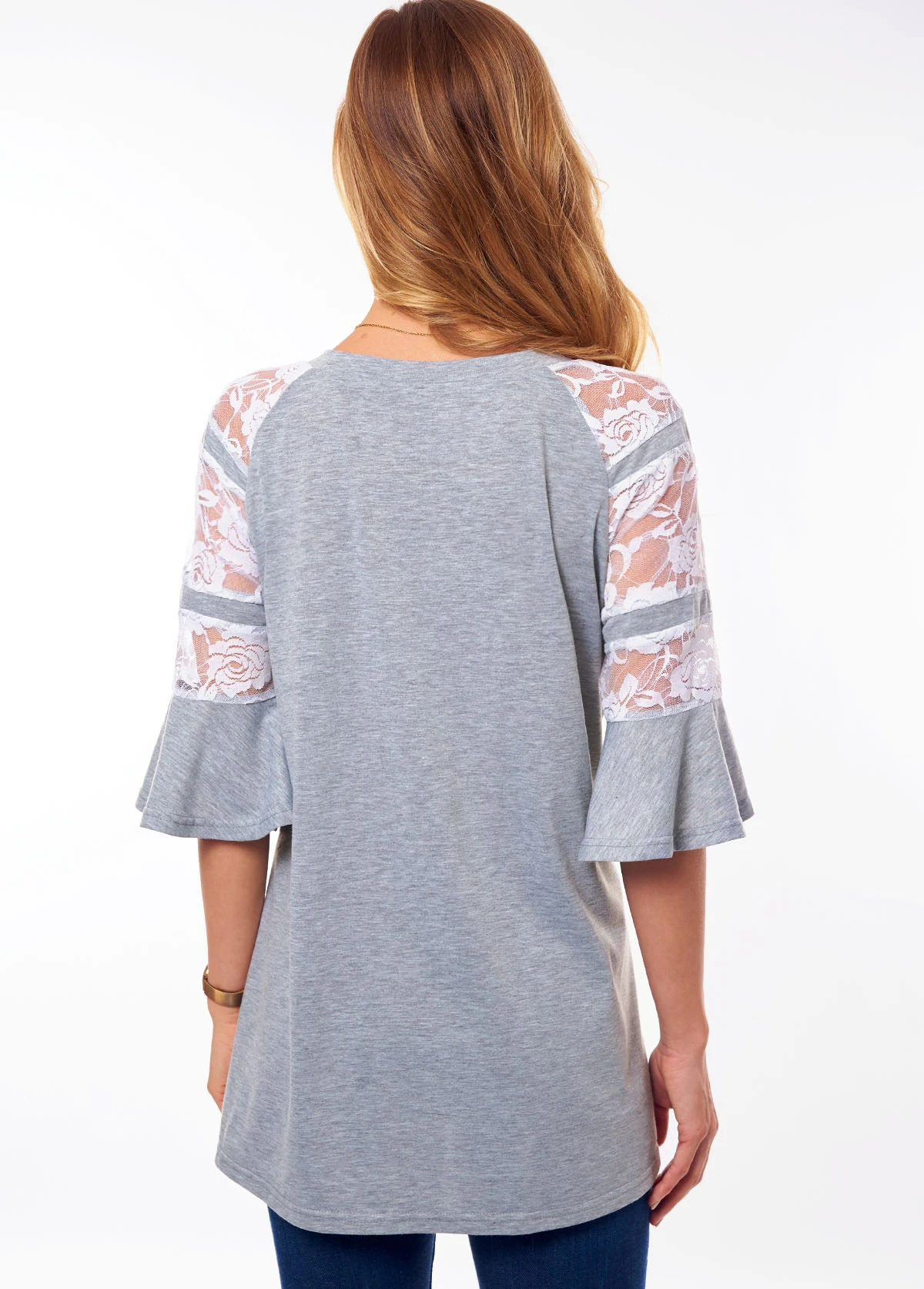 Lace Stitching V Neck Flare Sleeve T Shirt 4 Lace Stitching V Neck Flare Sleeve T Shirt - Image 2