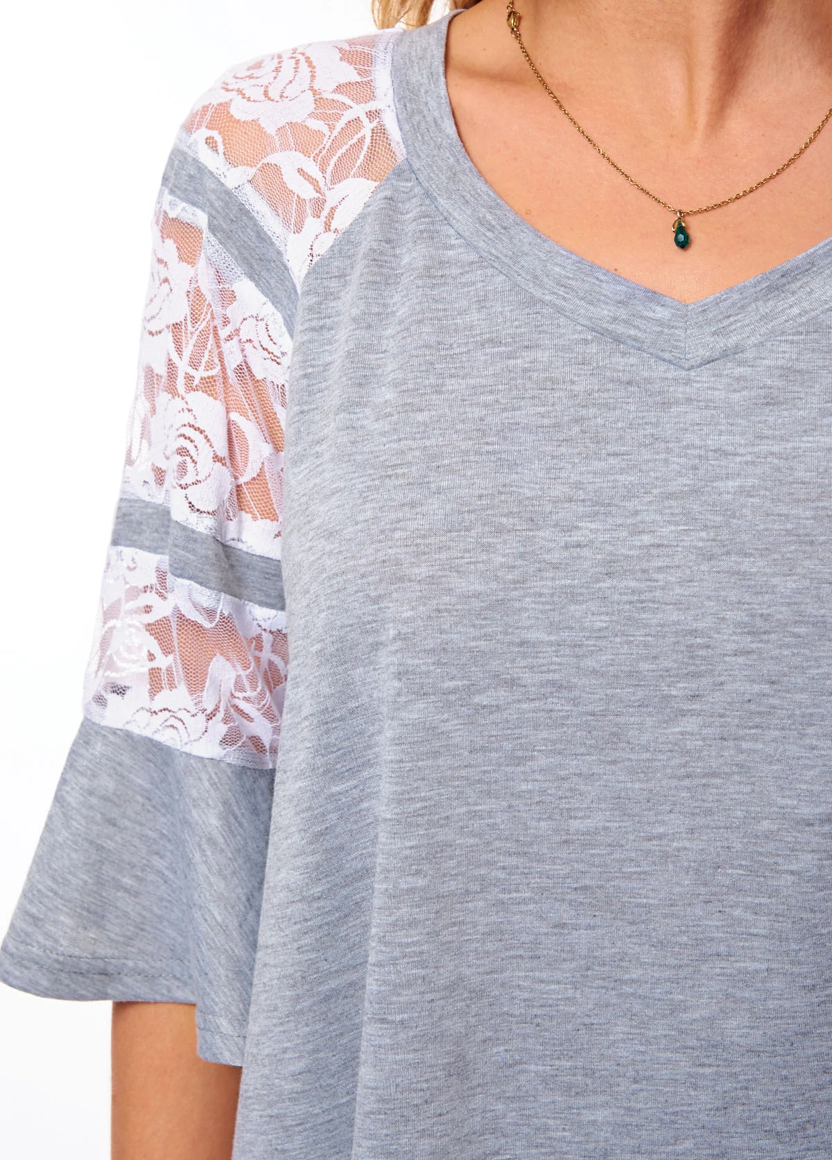 Lace Stitching V Neck Flare Sleeve T Shirt 7 Lace Stitching V Neck Flare Sleeve T Shirt - Image 5