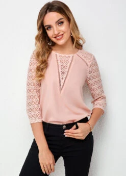 Lace Stitching Round Neck 3/4 Sleeve T Shirt -Modlily Shop 265485 P 16163837124423