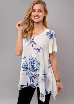 Asymmetric Hem Floral Print Short Sleeve T Shirt -Modlily Shop 268712 P 16213257020462