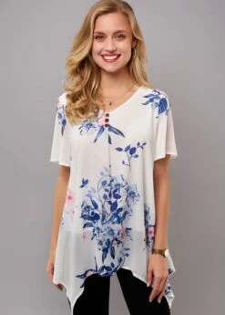 Asymmetric Hem Floral Print Short Sleeve T Shirt -Modlily Shop 268712 P 16213257020634