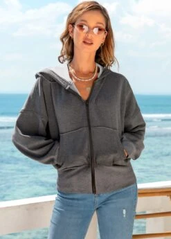 Drawstring Detail Zipper Closure Pocket Hoodie -Modlily Shop 269112 P 16285730286573