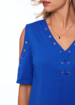 Cold Shoulder Solid V Neck T Shirt -Modlily Shop 270150 P 16212159410533