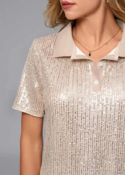 Turndown Collar Sequin Button Detail T Shirt -Modlily Shop 270174 P 16215003281784