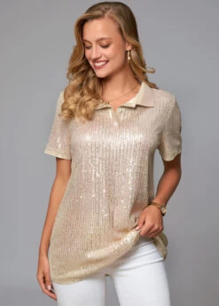 Turndown Collar Sequin Button Detail T Shirt