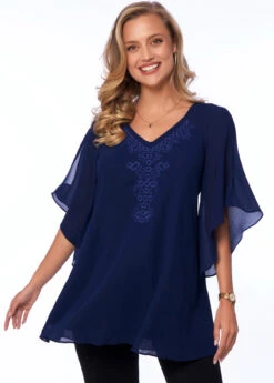 Embellished Neck Cold Shoulder Solid T Shirt