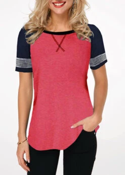 Contrast Round Neck Short Sleeve T Shirt