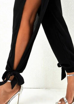 Side Slit Drawstring Waist Black Pants -Modlily Shop 271332 P 16479995922264