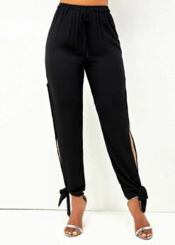 Side Slit Drawstring Waist Black Pants -Modlily Shop 271332 P 16479995928652