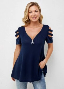 Cold Shoulder Quarter Zip Short Sleeve T Shirt