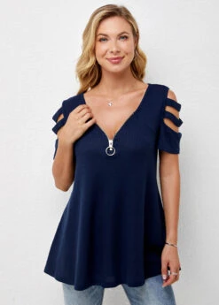 Cold Shoulder Quarter Zip Short Sleeve T Shirt 10 Cold Shoulder Quarter Zip Short Sleeve T Shirt -Modlily Shop 271356 P 16221683590923