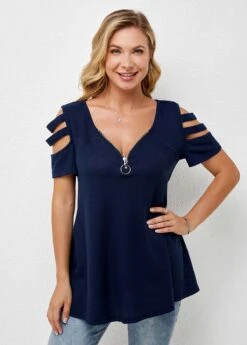 Cold Shoulder Quarter Zip Short Sleeve T Shirt 9 Cold Shoulder Quarter Zip Short Sleeve T Shirt -Modlily Shop 271356 P 16221683591122