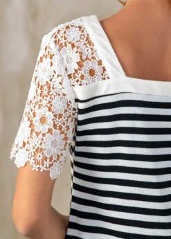 Lace Patchwork Short Sleeve V Neck Striped T Shirt -Modlily Shop 273029 P 16267584702753