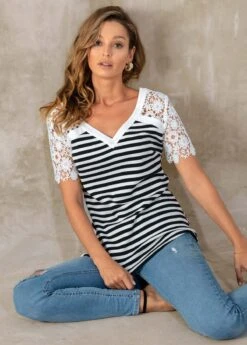 Lace Patchwork Short Sleeve V Neck Striped T Shirt -Modlily Shop 273029 P 16267584703884