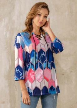 Lace Up Geometric Print 3/4 Sleeve T Shirt 8 Lace Up Geometric Print 3/4 Sleeve T Shirt -Modlily Shop 273036 P 16263354371332