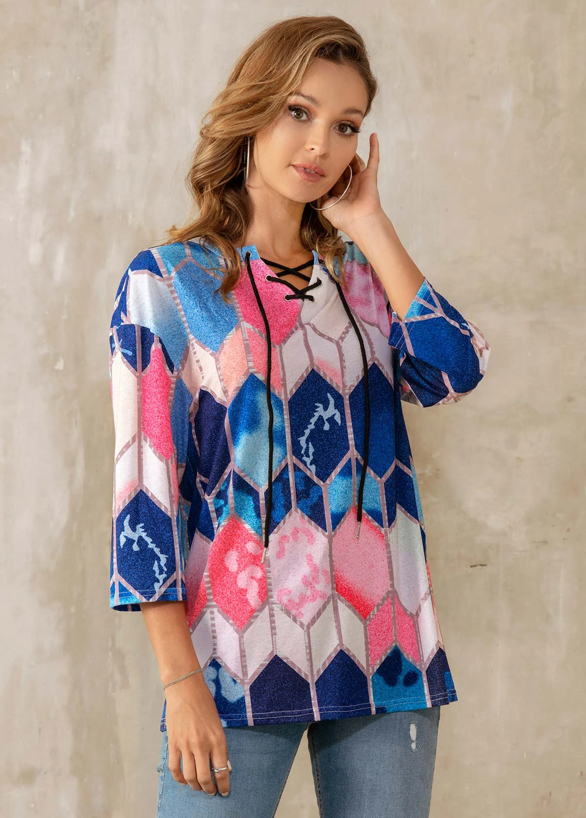 Lace Up Geometric Print 3/4 Sleeve T Shirt 5 Lace Up Geometric Print 3/4 Sleeve T Shirt - Image 3