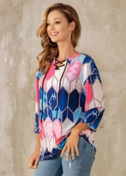 Lace Up Geometric Print 3/4 Sleeve T Shirt 9 Lace Up Geometric Print 3/4 Sleeve T Shirt -Modlily Shop 273036 P 16263354373513