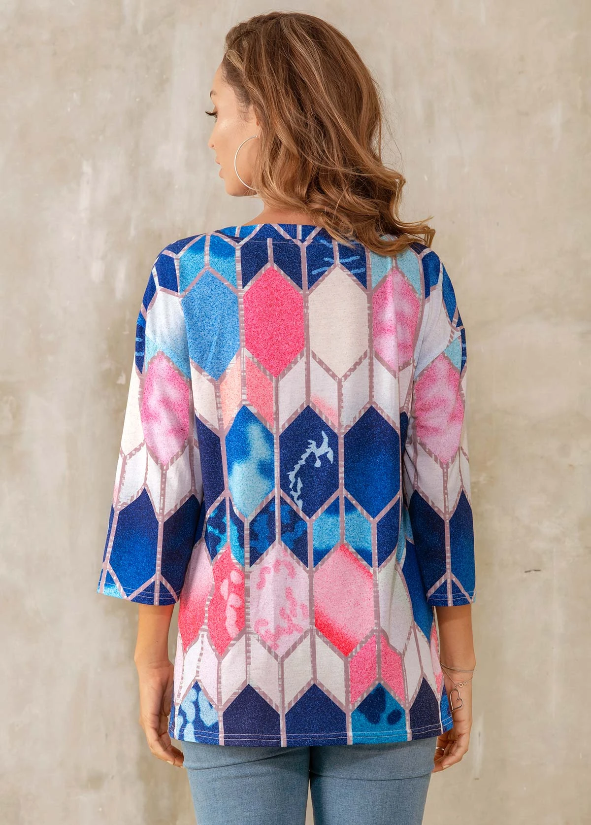 Lace Up Geometric Print 3/4 Sleeve T Shirt 4 Lace Up Geometric Print 3/4 Sleeve T Shirt - Image 2