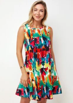 Round Neck Printed Multi Color A Line Dress